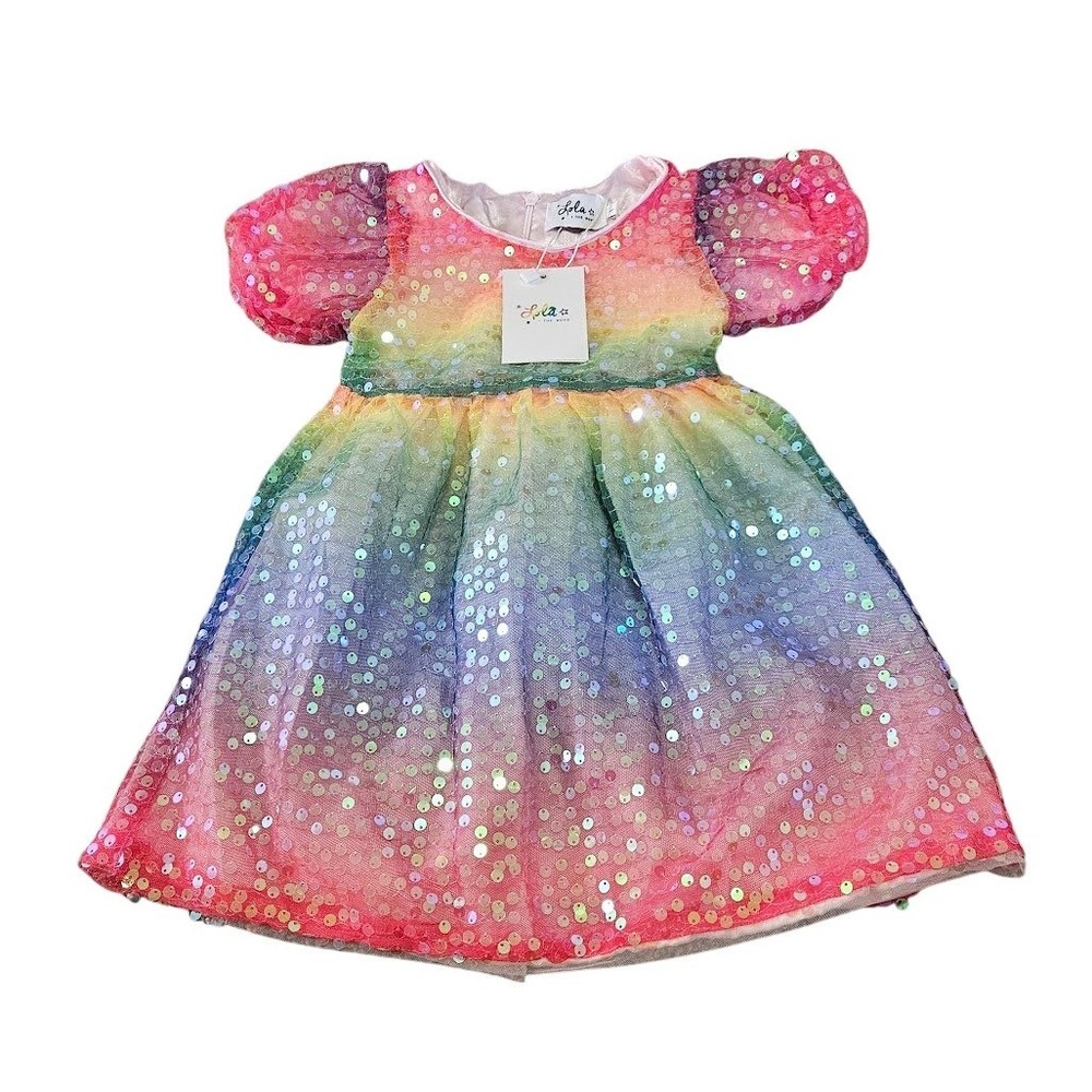 Lola and the Boys Rainbow Magic Sequin Dress Toddler 1T Multi Color Puff Sleeve